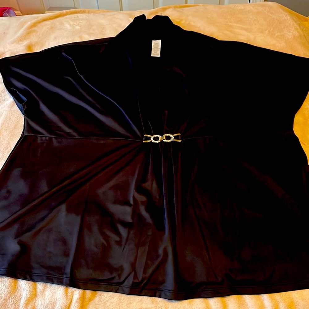 Black polyester knit blouse with rhinestones buckle detail